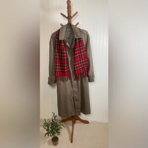 Oleg Cassini Trench Coat + Plaid Scarf Set | Size 42 Short Vintage